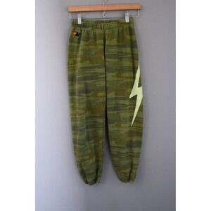 Aviator Nation Green Camo Joggers with Yellow Lightning Bolt
